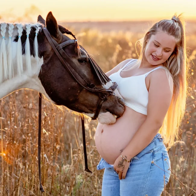 Mulher grávida junto a um cavalo ao pôr do sol numa sessão de maternidade no campo