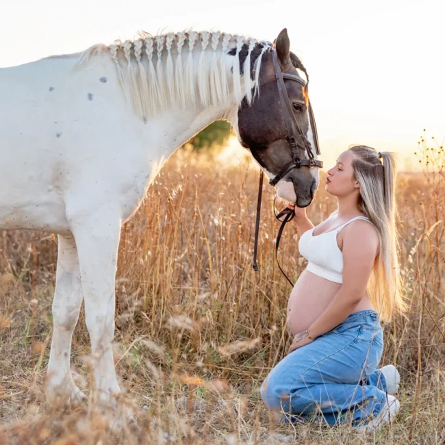 Futura mãe sentada junto a um cavalo numa sessão de gravidez ao pôr do sol